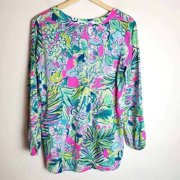 LILLY Pulitzer XS Popover Tunic Blouse Long Sleeves Pink Teal Tropical V-neck - Picture 2 of 11